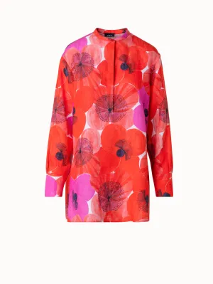 Oversize Linen Tunic Blouse with Poppy Print Akris