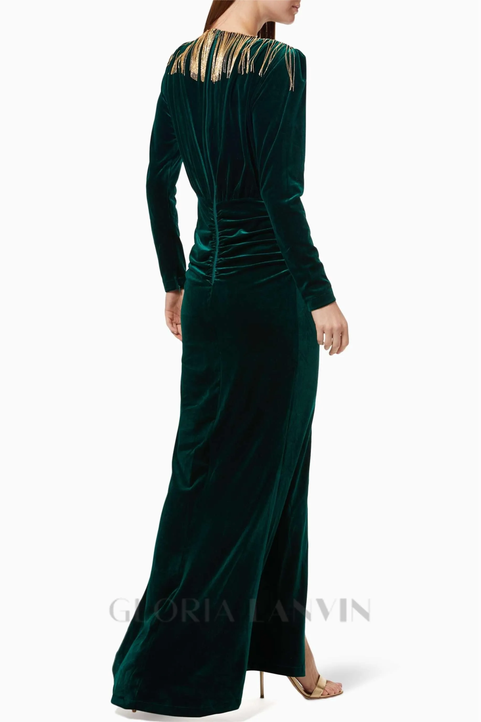 PHILIPPPA VELVET TASSEL V-NECK MAXI DRESS IN GREEN Gloria Lanvin