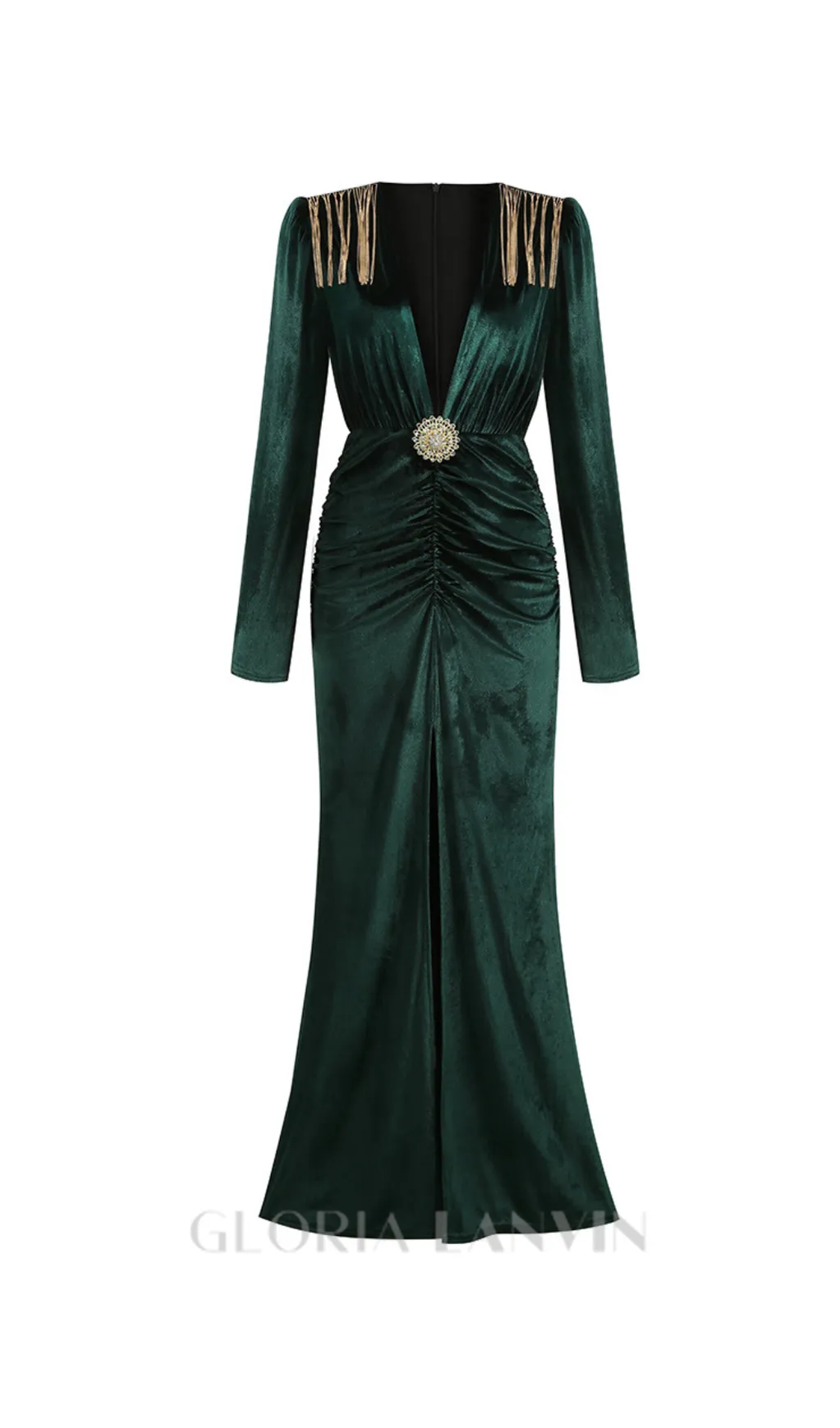 PHILIPPPA VELVET TASSEL V-NECK MAXI DRESS IN GREEN Gloria Lanvin