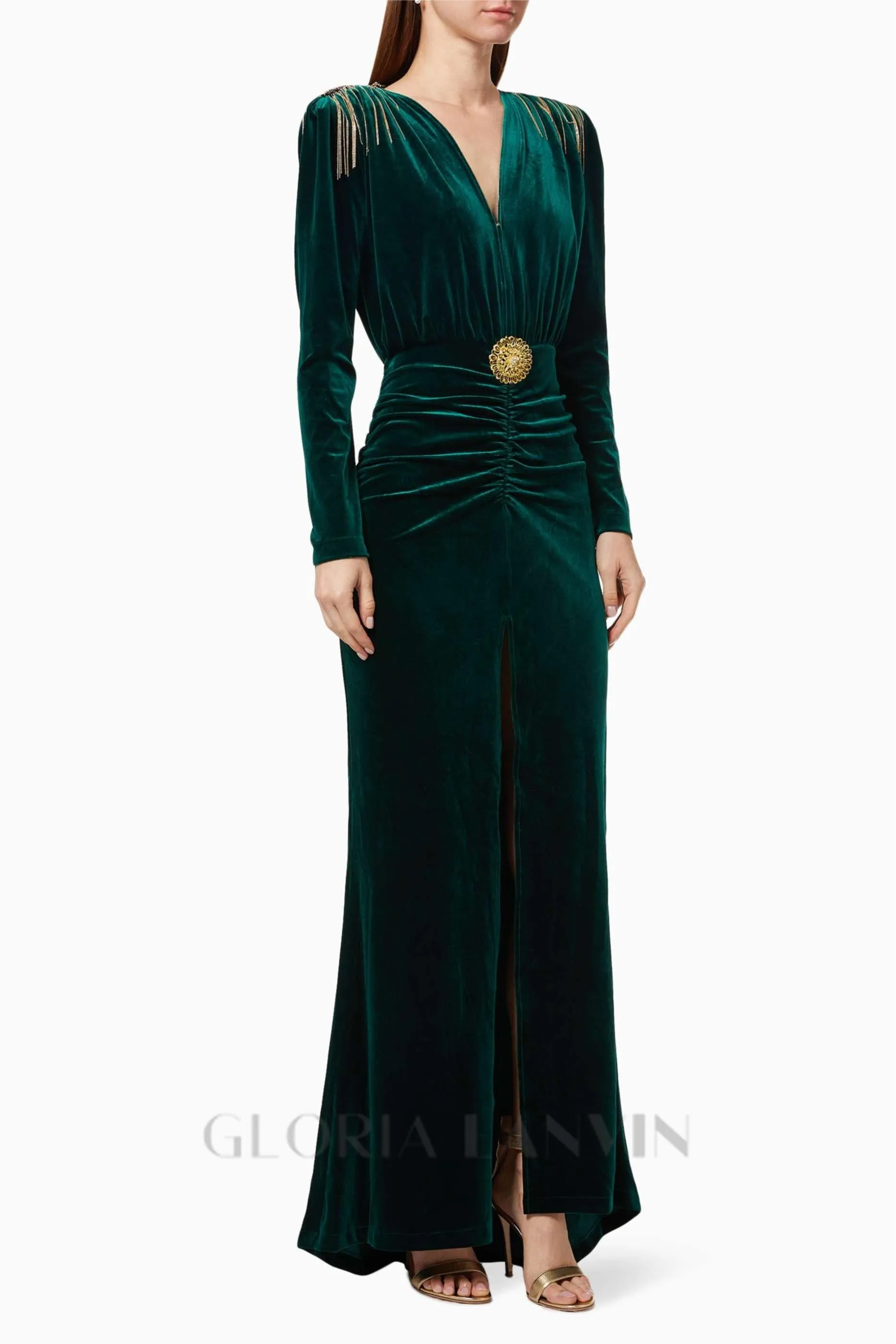 PHILIPPPA VELVET TASSEL V-NECK MAXI DRESS IN GREEN Gloria Lanvin
