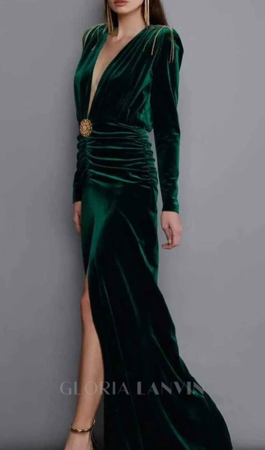 PHILIPPPA VELVET TASSEL V-NECK MAXI DRESS IN GREEN Gloria Lanvin
