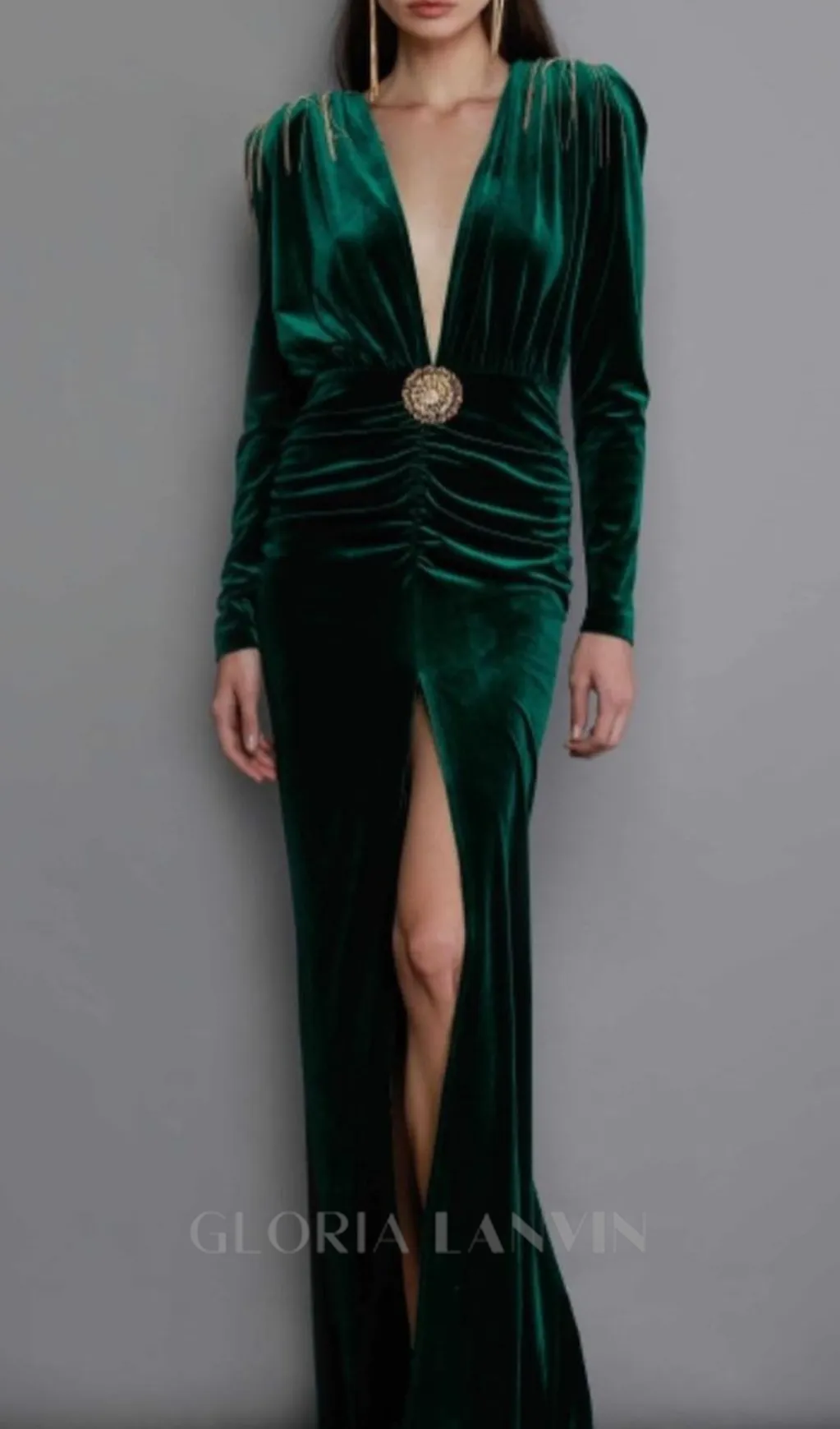 PHILIPPPA VELVET TASSEL V-NECK MAXI DRESS IN GREEN Gloria Lanvin