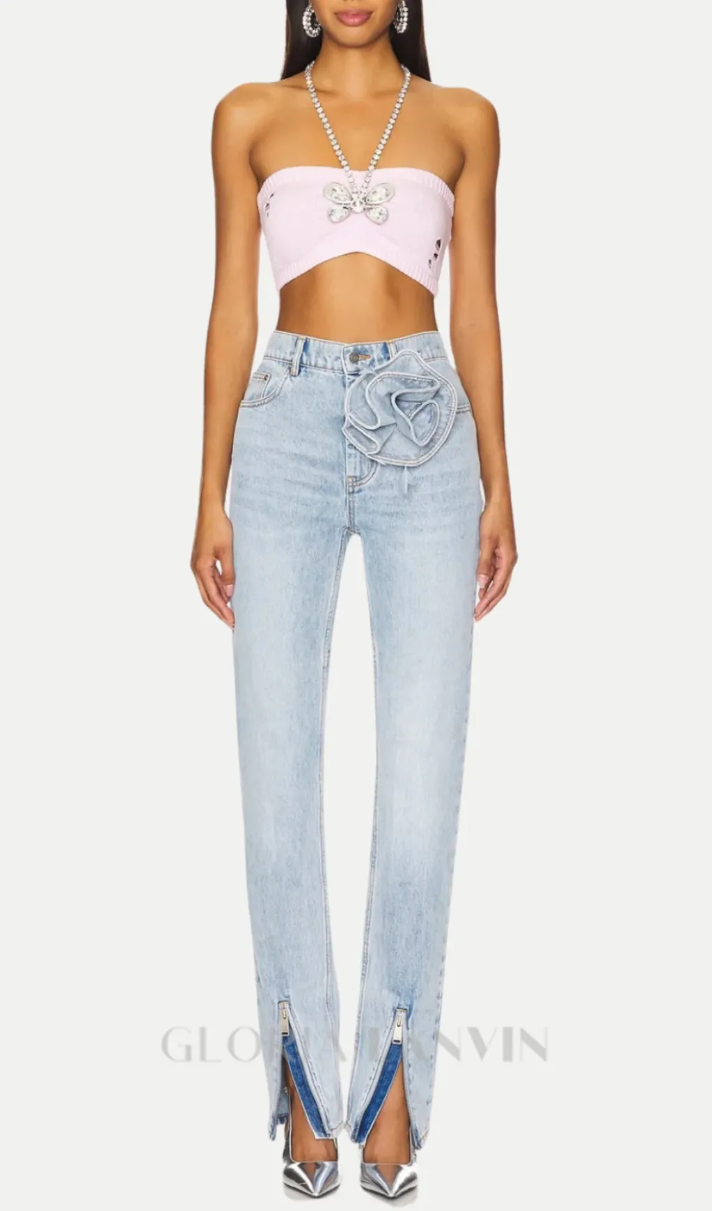 Quinta Floral Zip-Hem Skinny Jeans in pale blue Gloria Lanvin