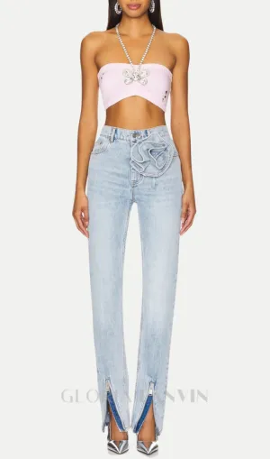 Quinta Floral Zip-Hem Skinny Jeans in pale blue Gloria Lanvin
