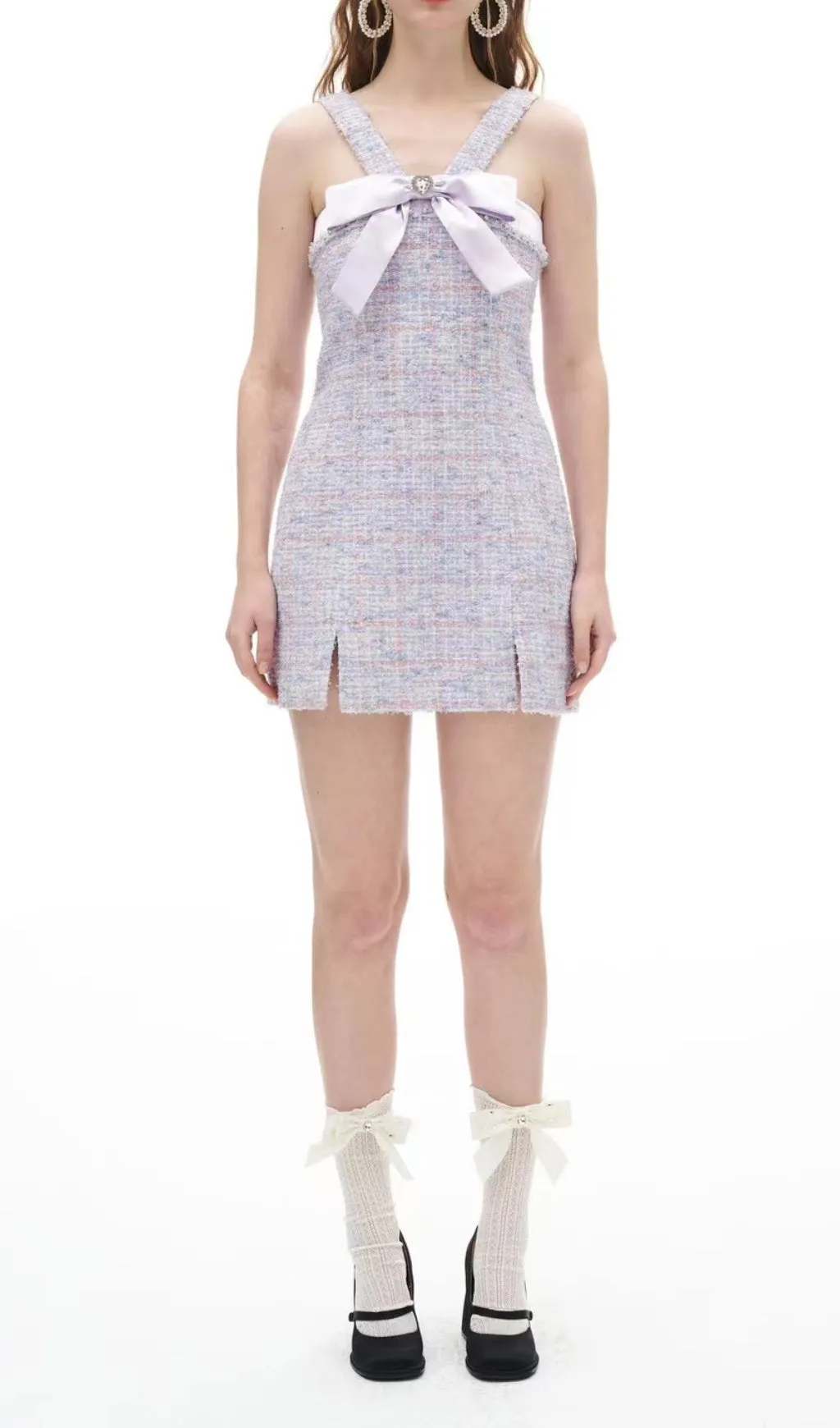 RHINESTONE BOWTIE TWEED MINI DRESS IN PURPLE Gloria Lanvin