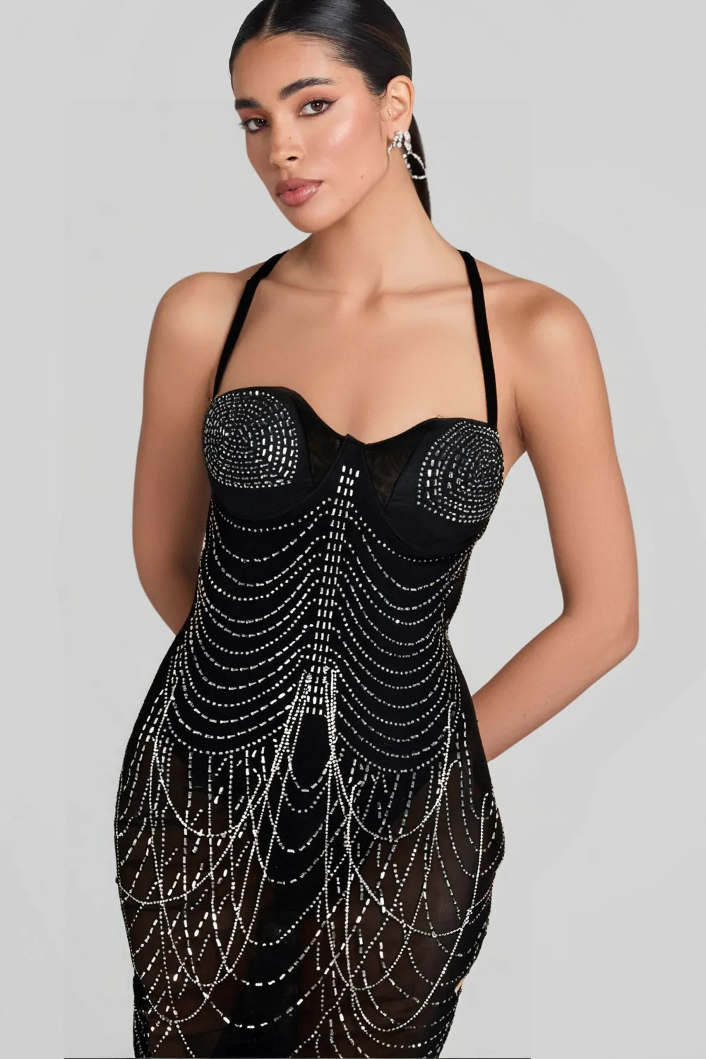RHINESTONE EMBELLISHED MESH DRESS Gloria Lanvin