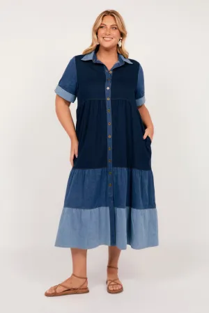Sabre Denim Collared Dress in Patchwork Adrift