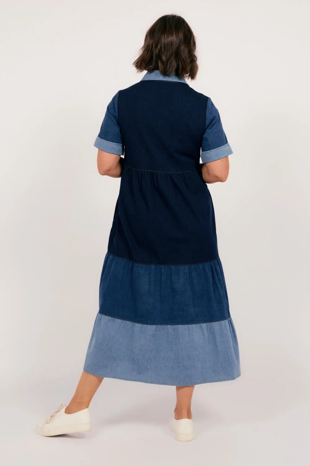 Sabre Denim Collared Dress in Patchwork Adrift