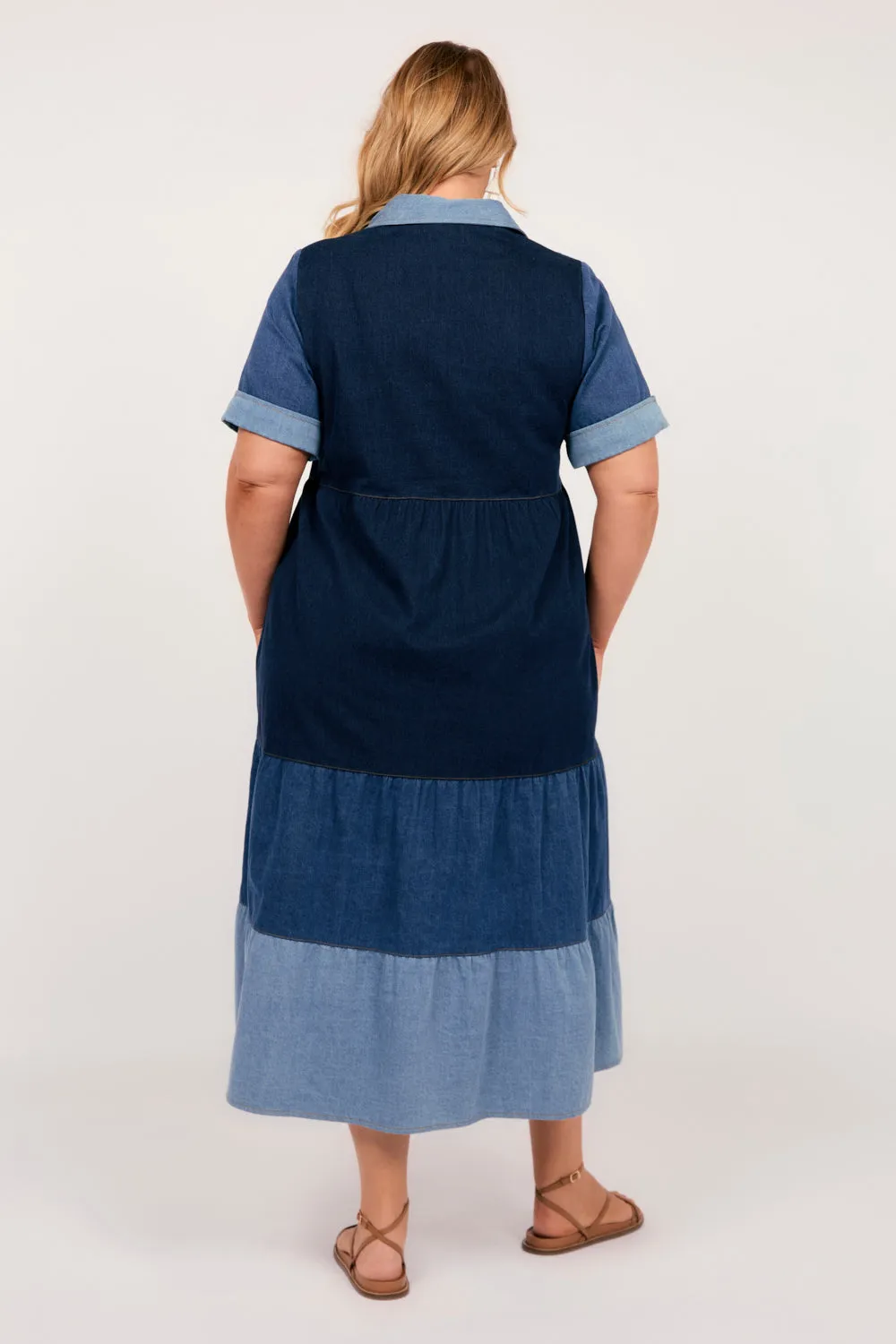 Sabre Denim Collared Dress in Patchwork Adrift