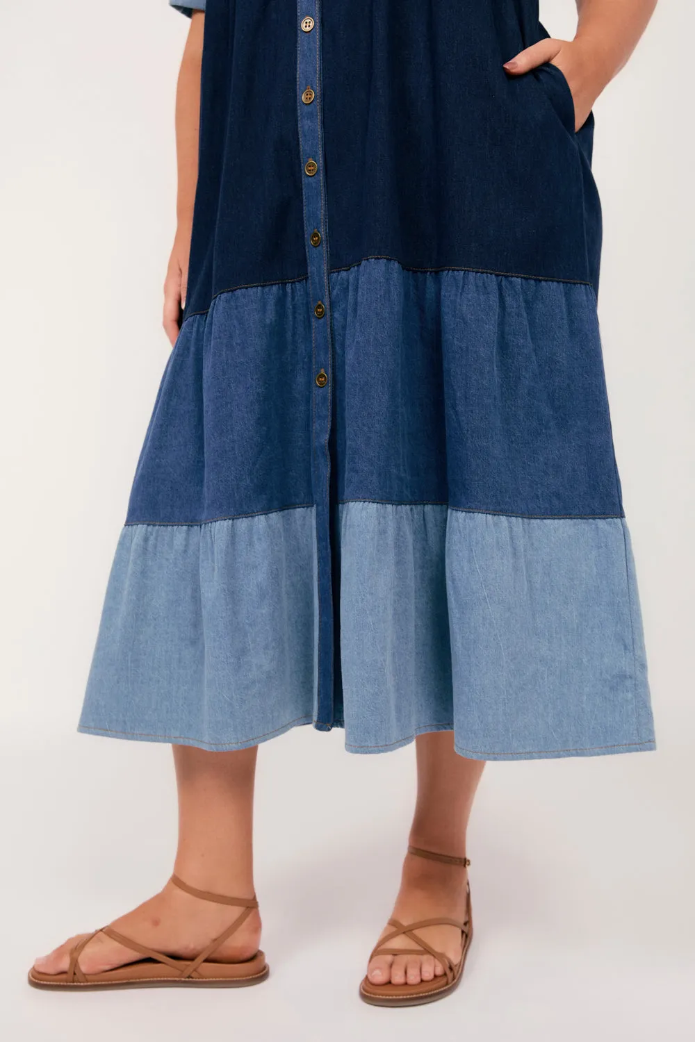 Sabre Denim Collared Dress in Patchwork Adrift