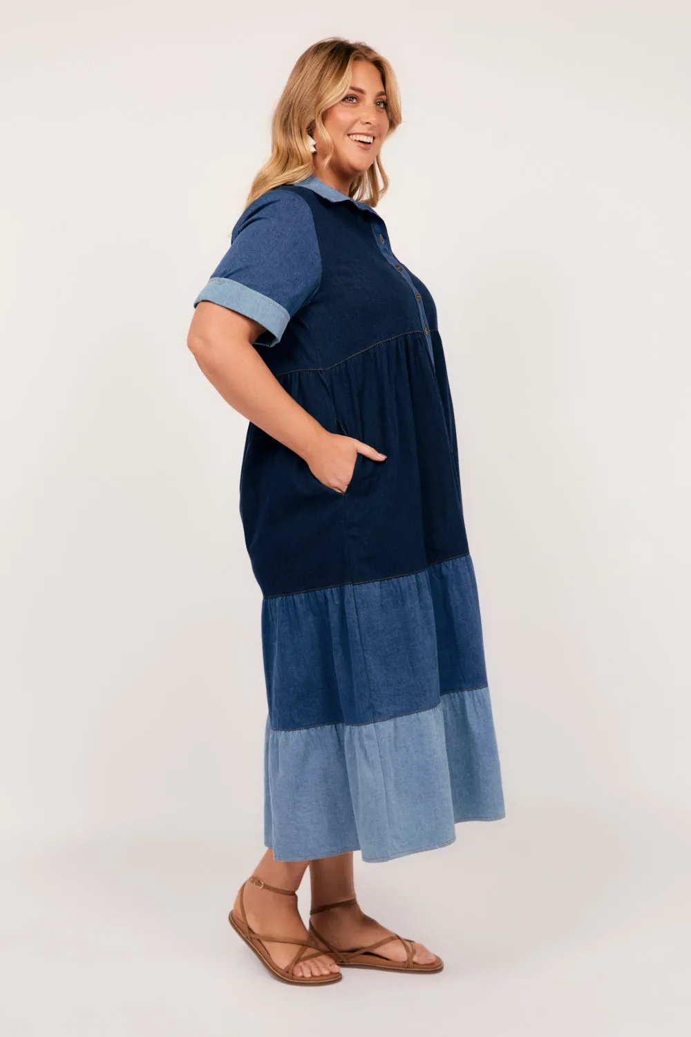 Sabre Denim Collared Dress in Patchwork Adrift