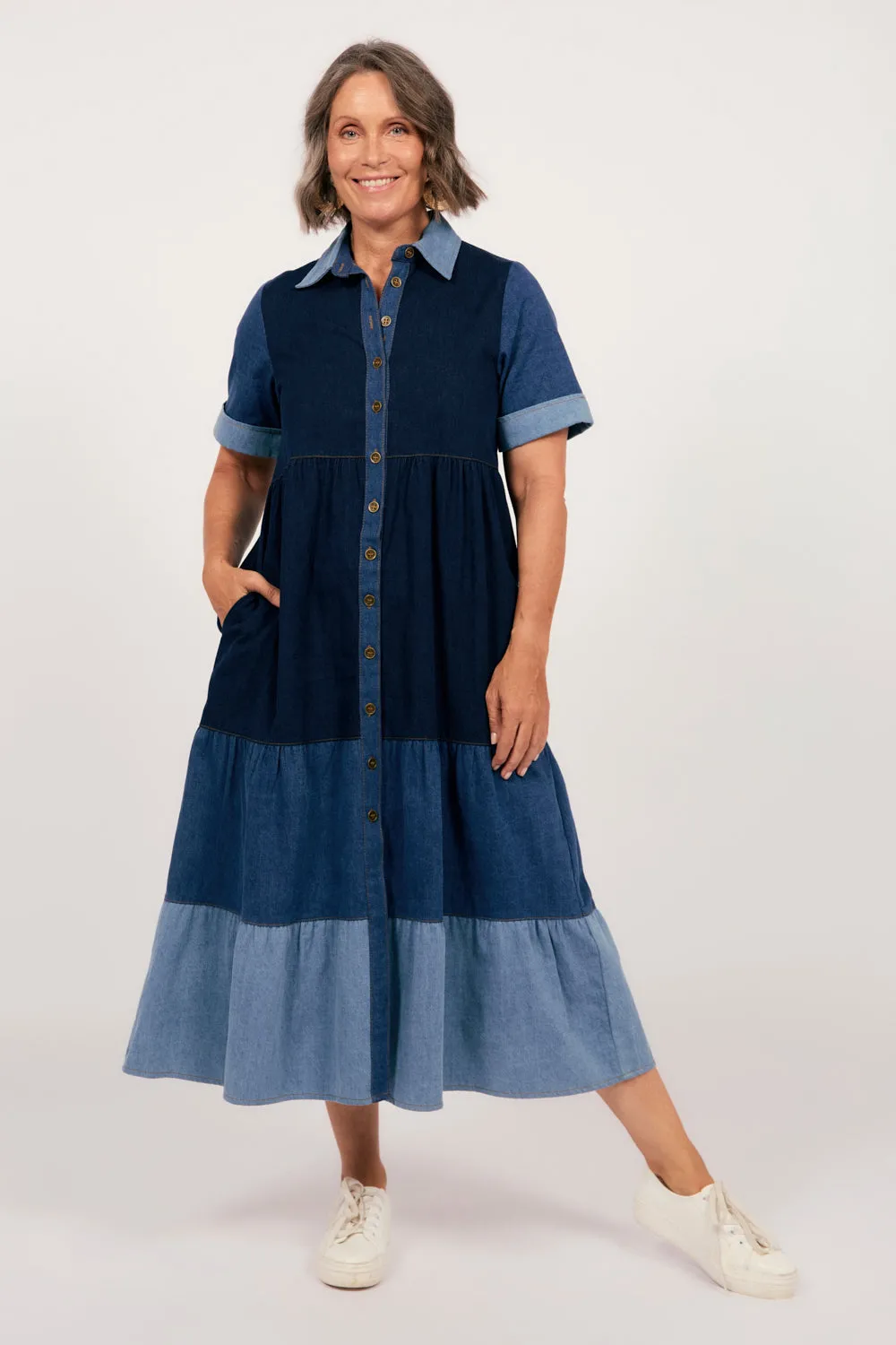 Sabre Denim Collared Dress in Patchwork Adrift