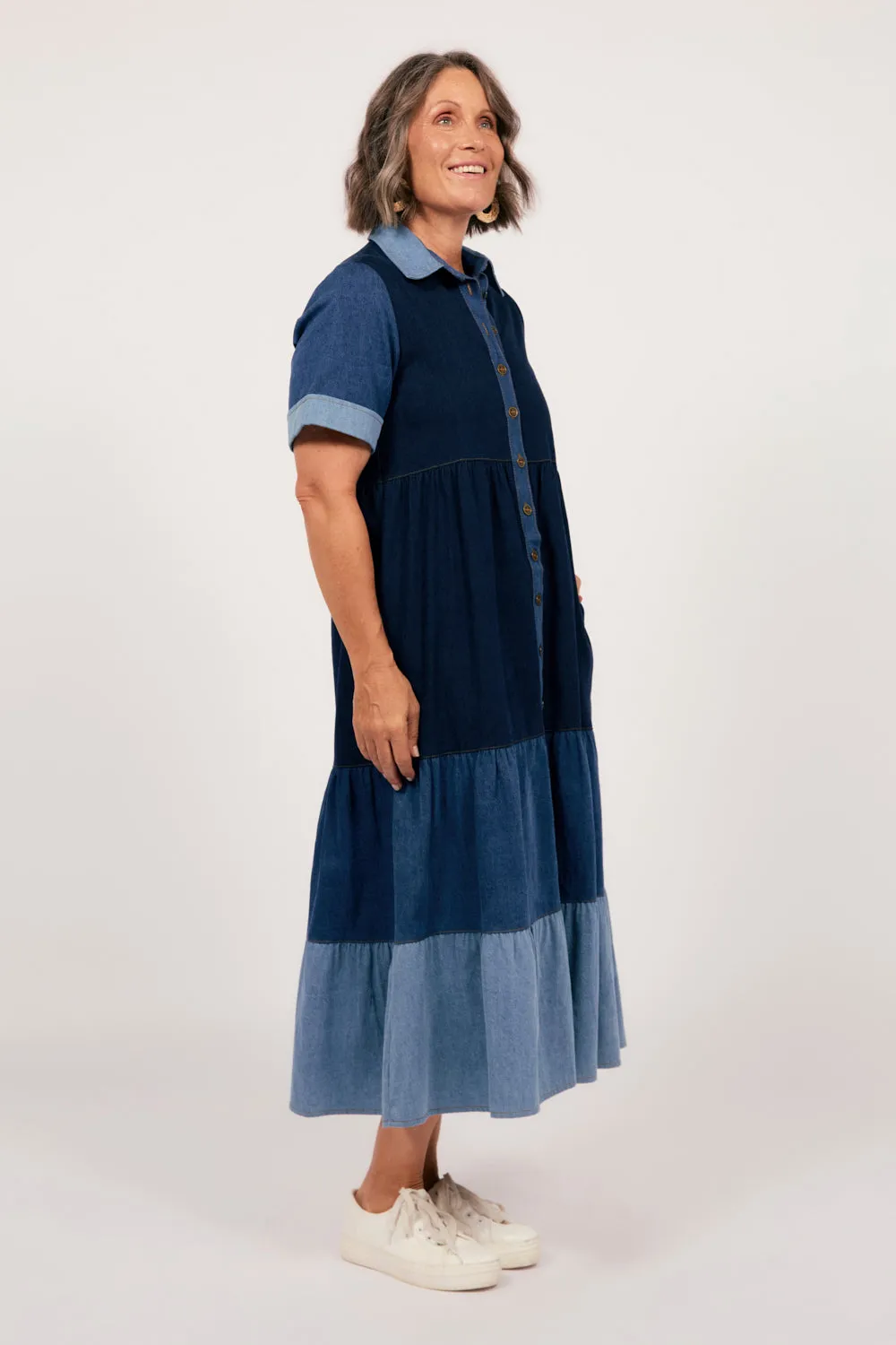 Sabre Denim Collared Dress in Patchwork Adrift