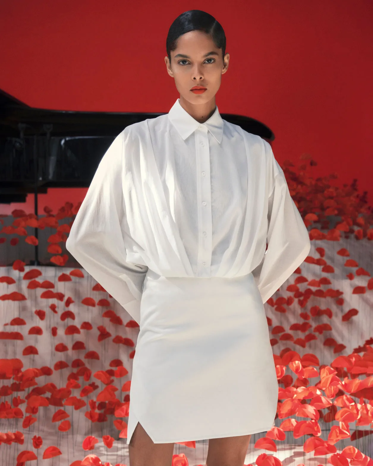 Short Cotton Voile Blouse with Wide Sleeves Akris