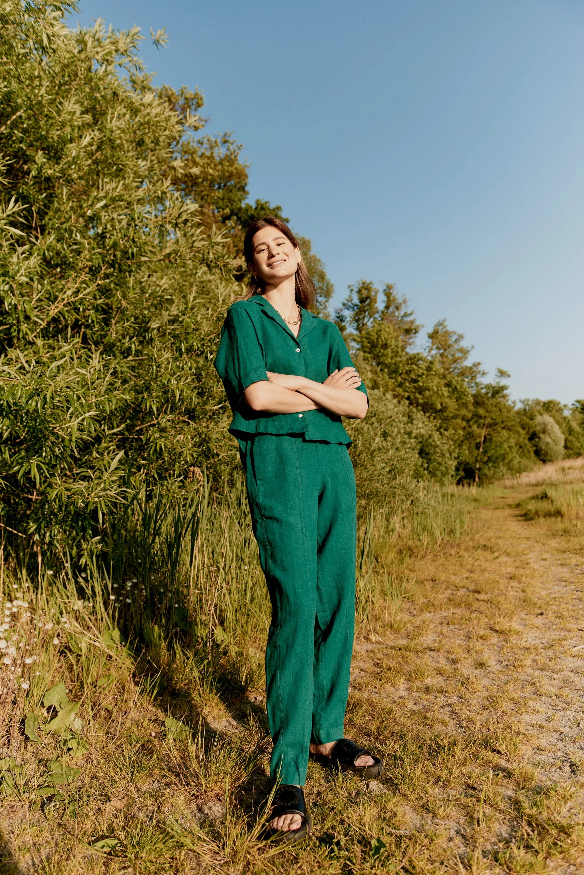 Short sleeve blouse GBCAROL cropped in linen - Malachite Green (Linen) Givn Berlin