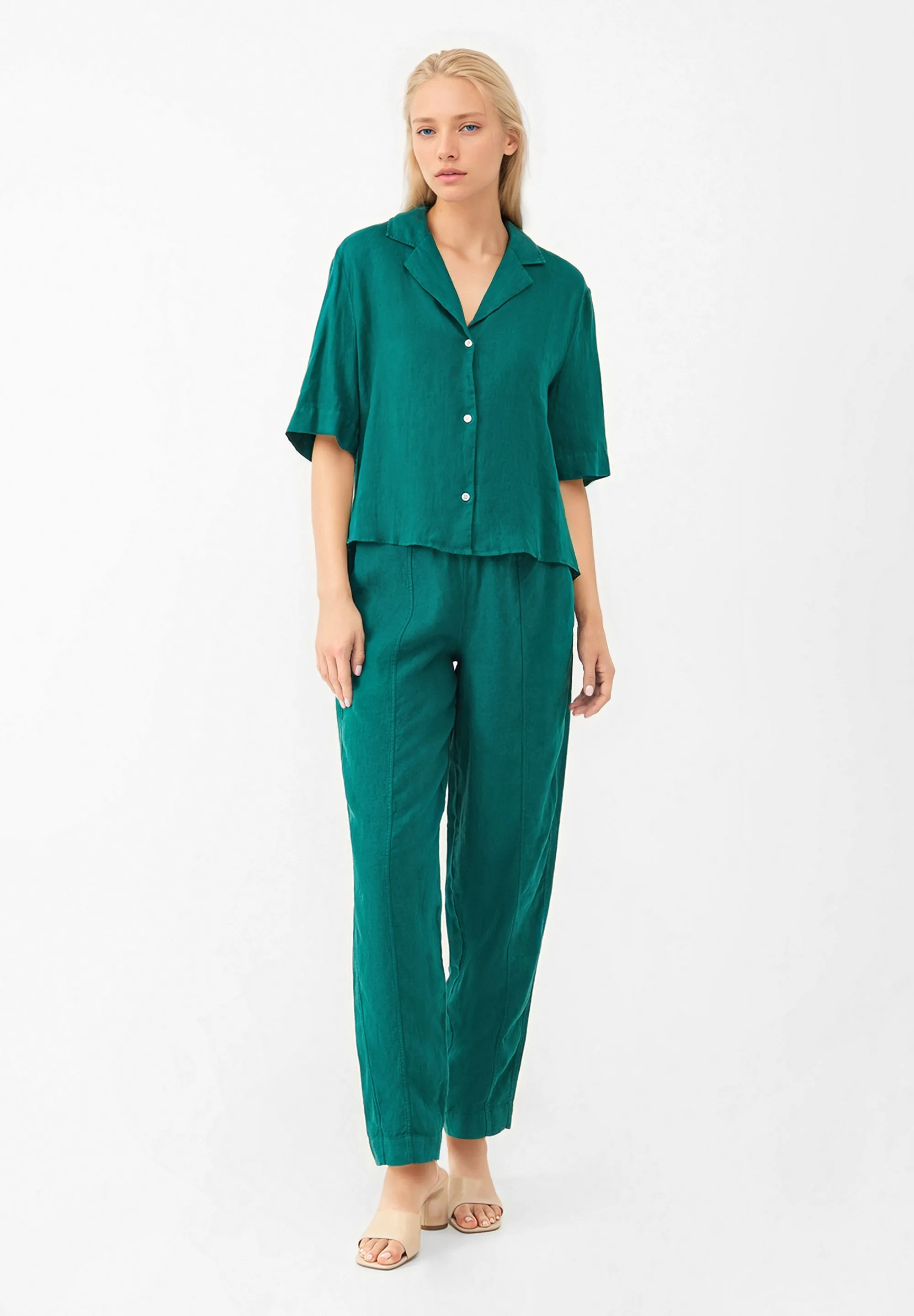 Short sleeve blouse GBCAROL cropped in linen - Malachite Green (Linen) Givn Berlin