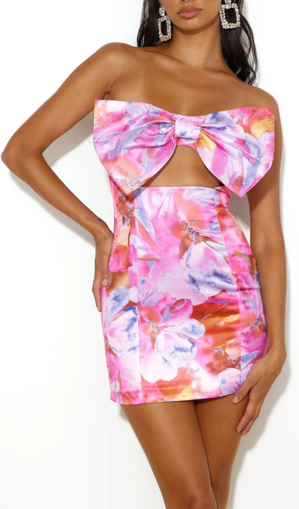 STRAPLESS LARGE BOW DECORATED PRINTED HIP MINI DRESS Gloria Lanvin