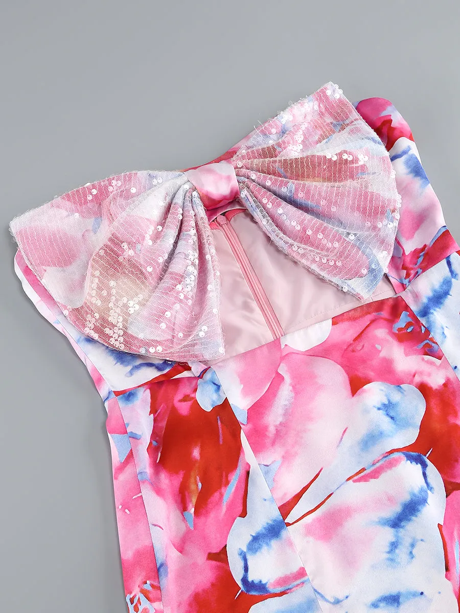 STRAPLESS LARGE BOW DECORATED PRINTED HIP MINI DRESS Gloria Lanvin