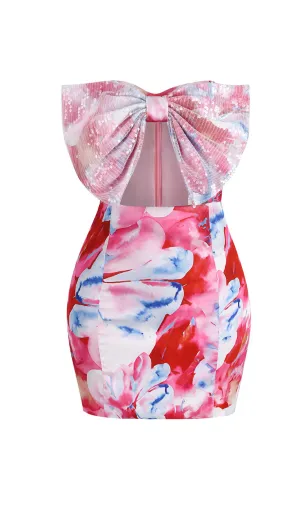 STRAPLESS LARGE BOW DECORATED PRINTED HIP MINI DRESS Gloria Lanvin