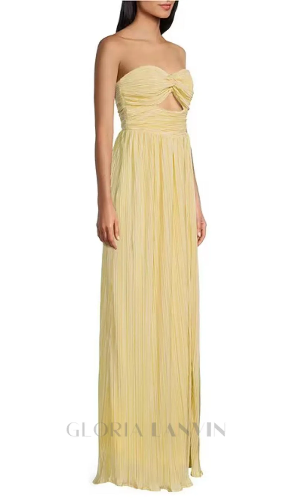 Strapless Pleated Maxi Dress in lemon Gloria Lanvin