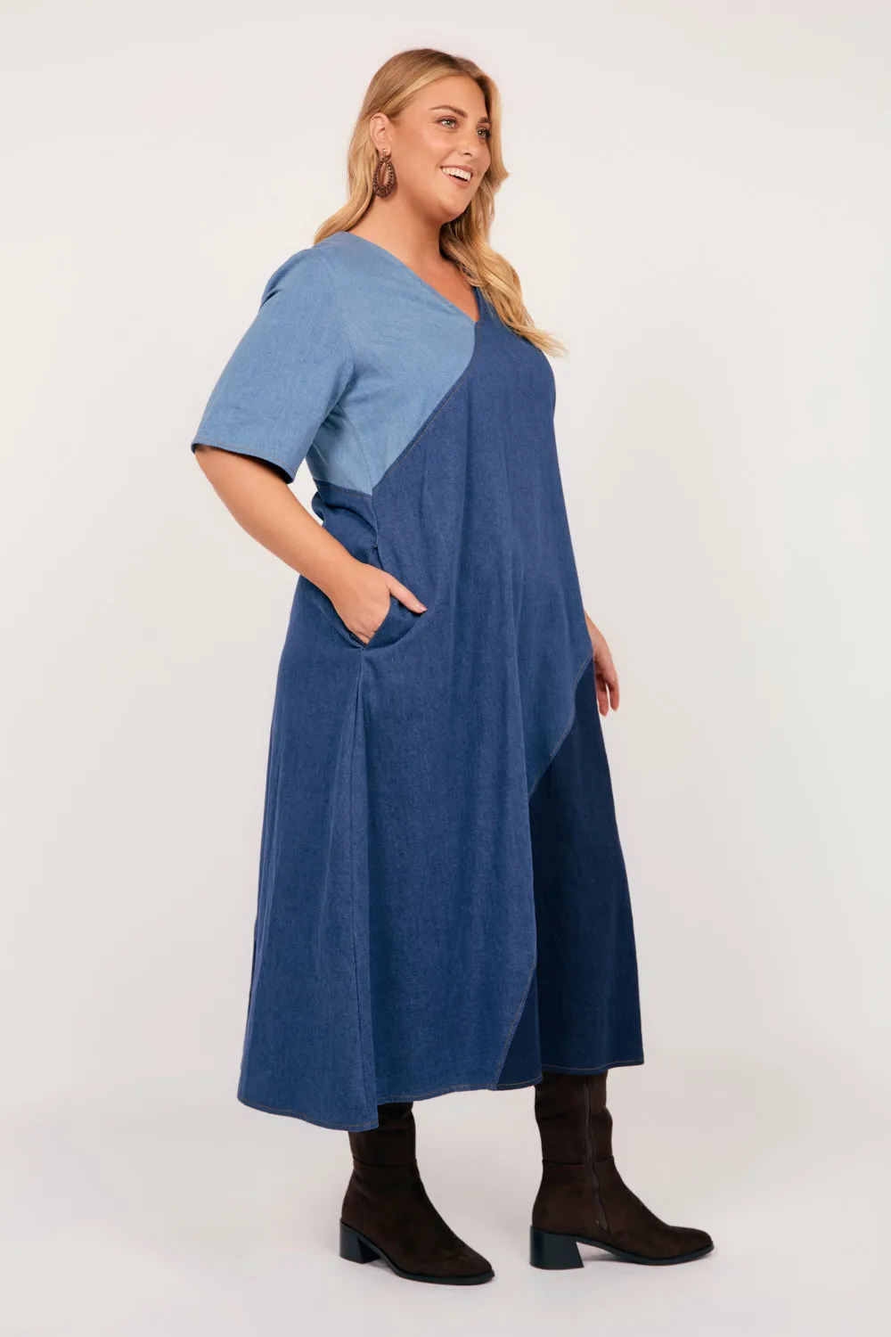 Tamara Denim Spliced Dress in Patchwork Adrift