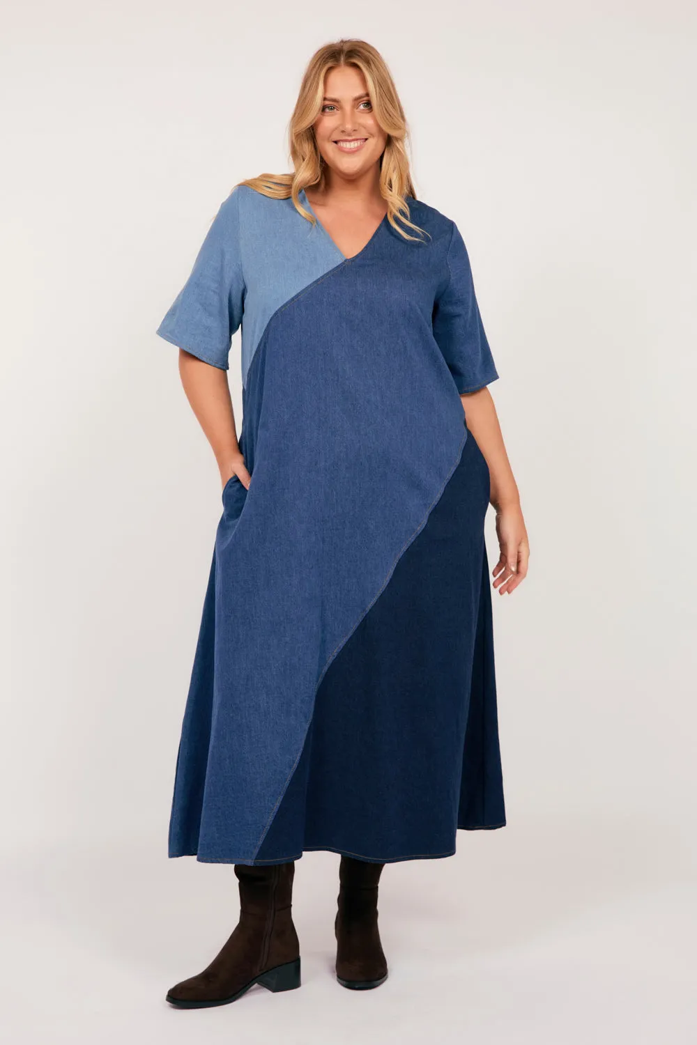 Tamara Denim Spliced Dress in Patchwork Adrift