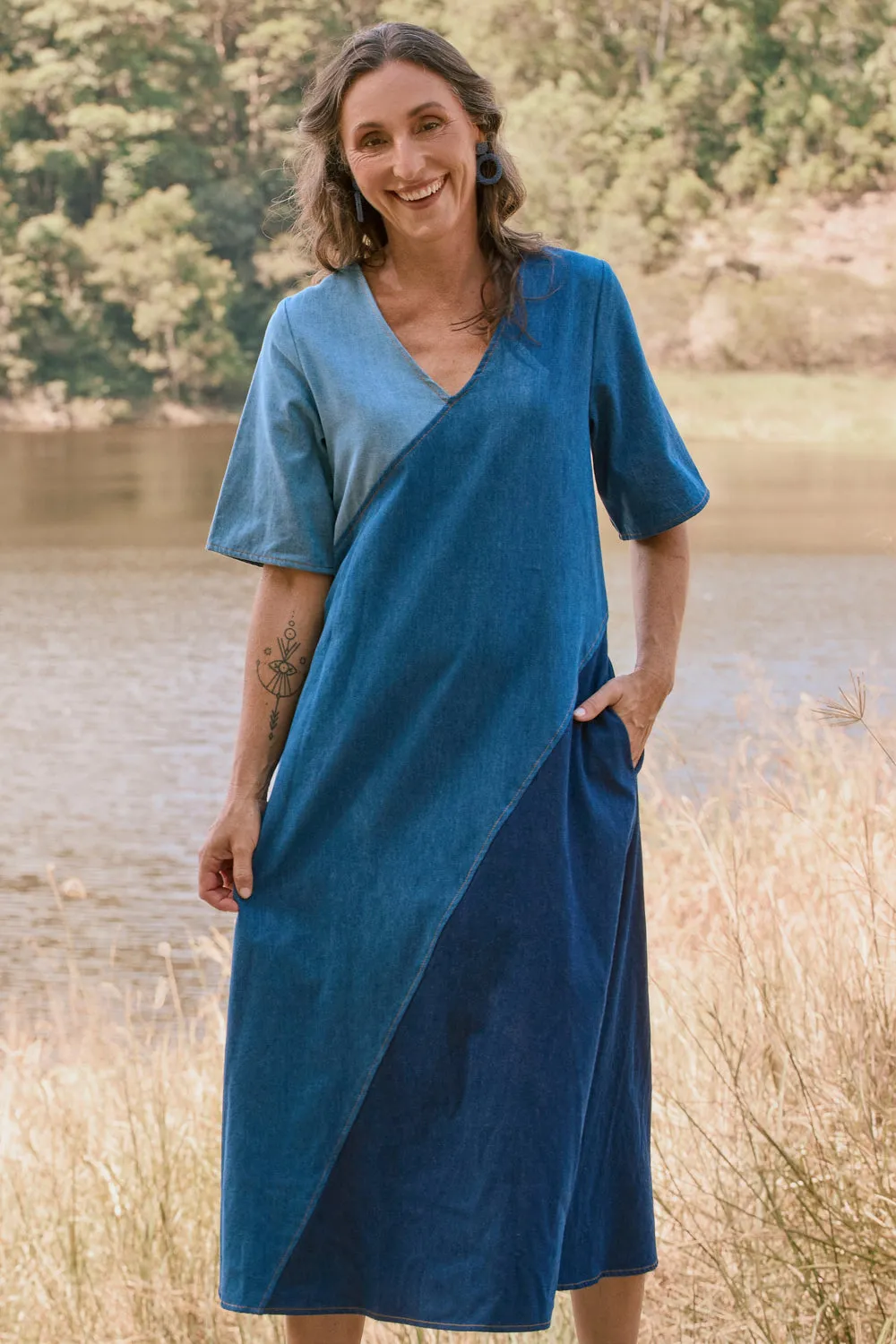 Tamara Denim Spliced Dress in Patchwork Adrift