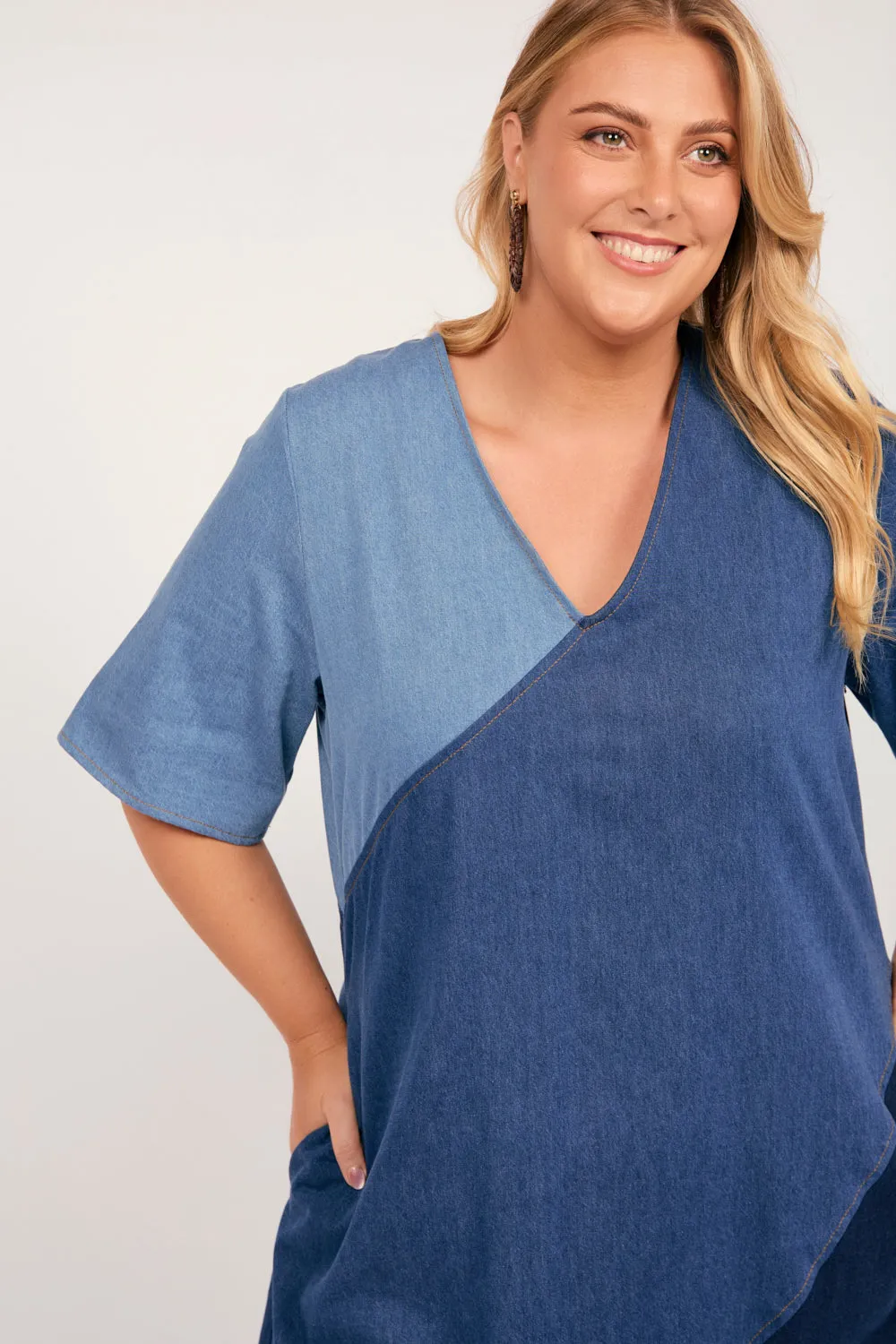 Tamara Denim Spliced Dress in Patchwork Adrift