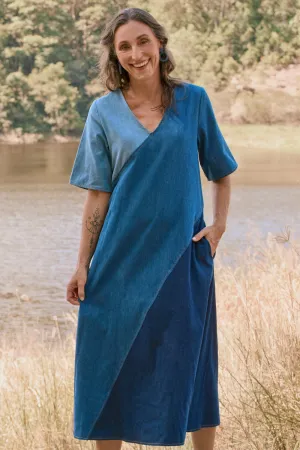 Tamara Denim Spliced Dress in Patchwork Adrift