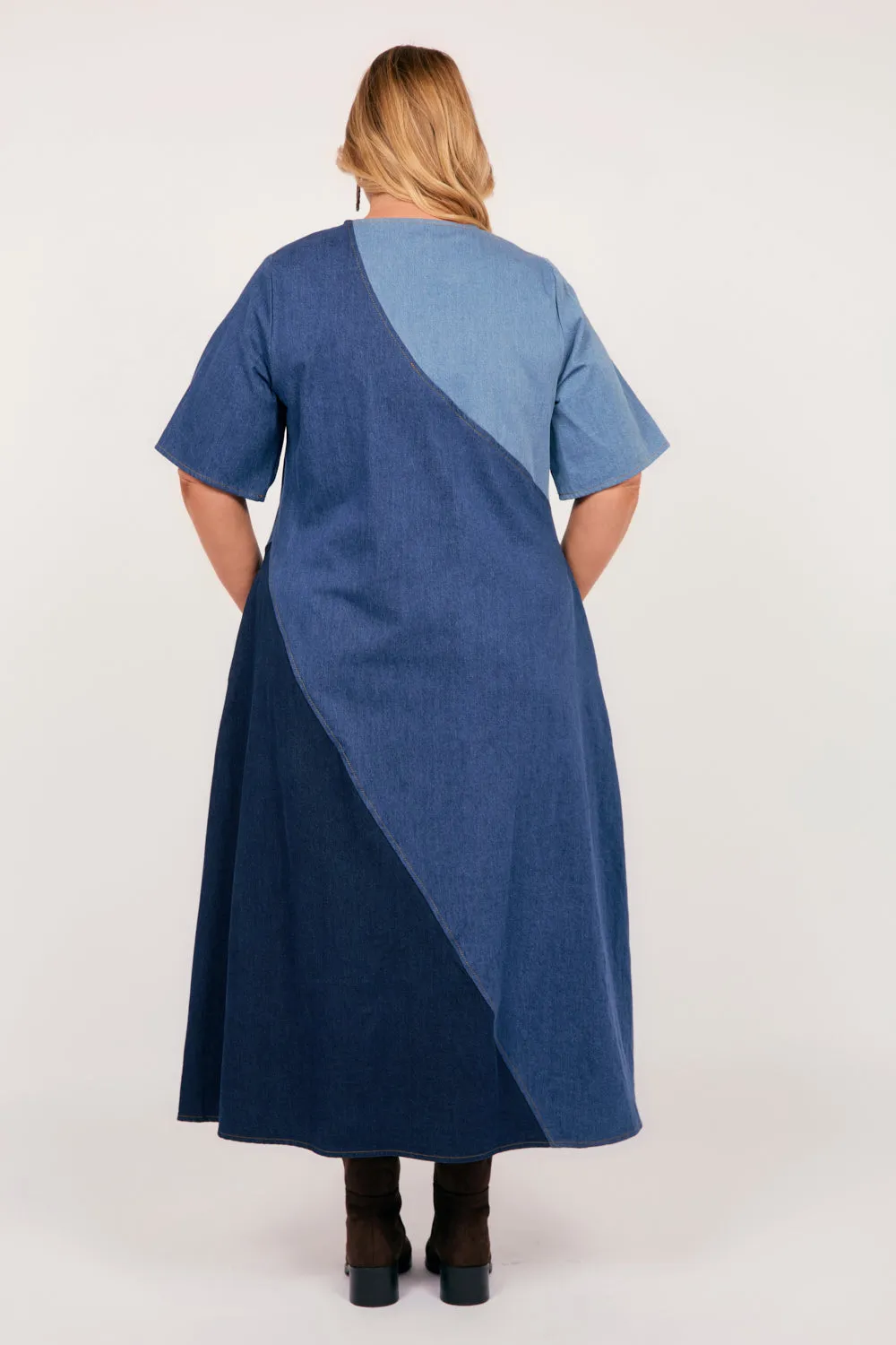Tamara Denim Spliced Dress in Patchwork Adrift