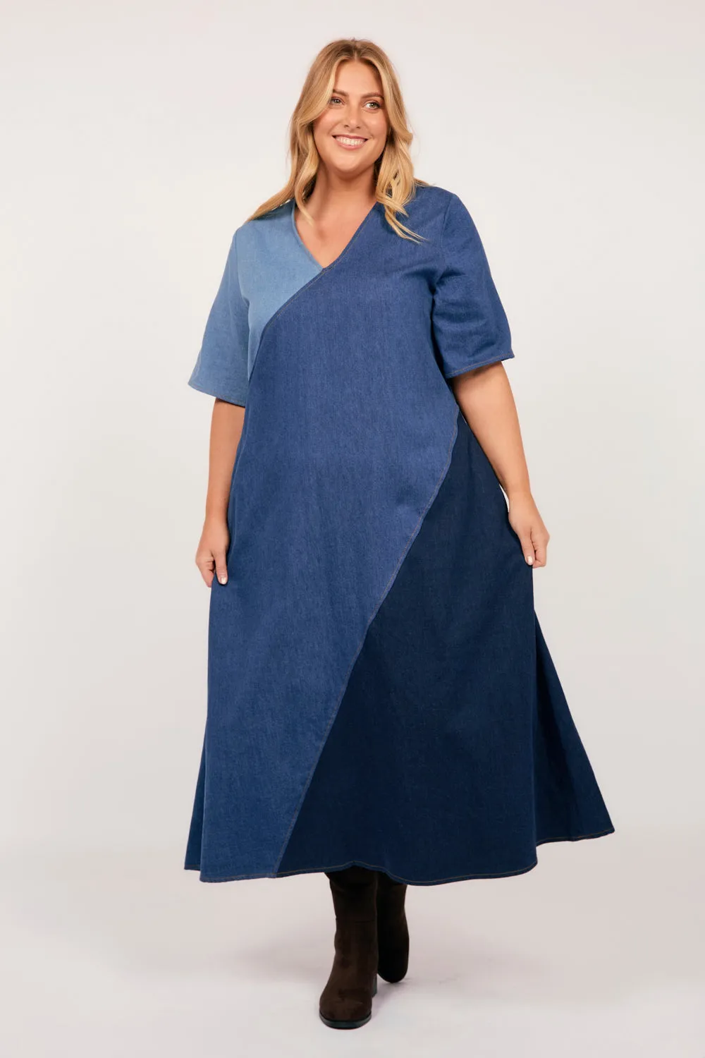Tamara Denim Spliced Dress in Patchwork Adrift