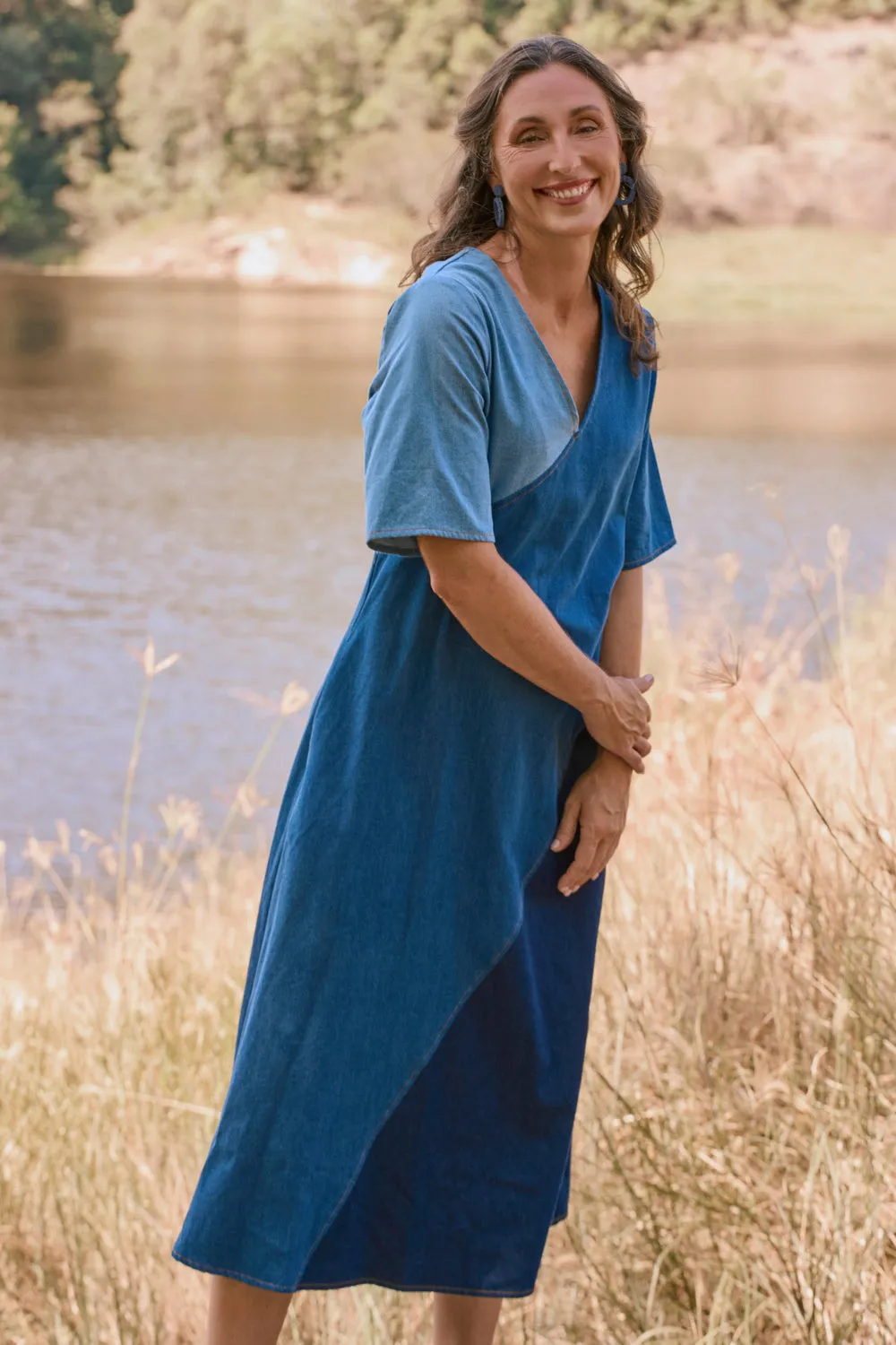 Tamara Denim Spliced Dress in Patchwork Adrift