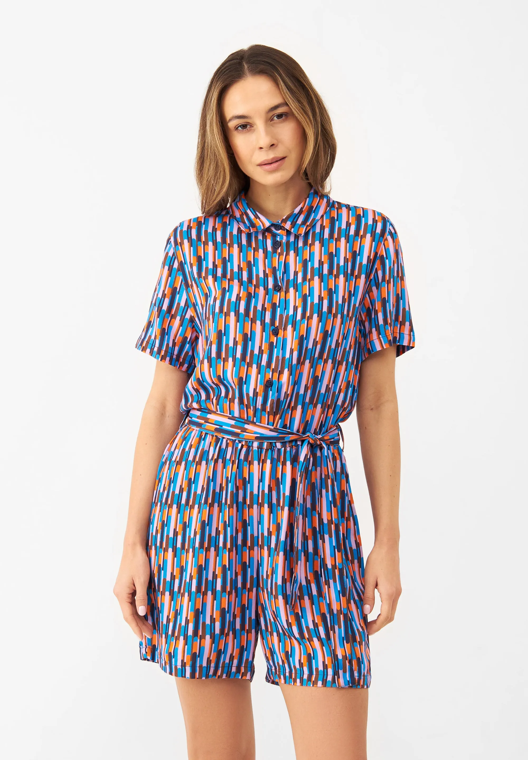 Waisted Jumpsuit GBCASSIE from LENZING™ ECOVERO™ With Belt - Blue / Orange (Drops) Givn Berlin
