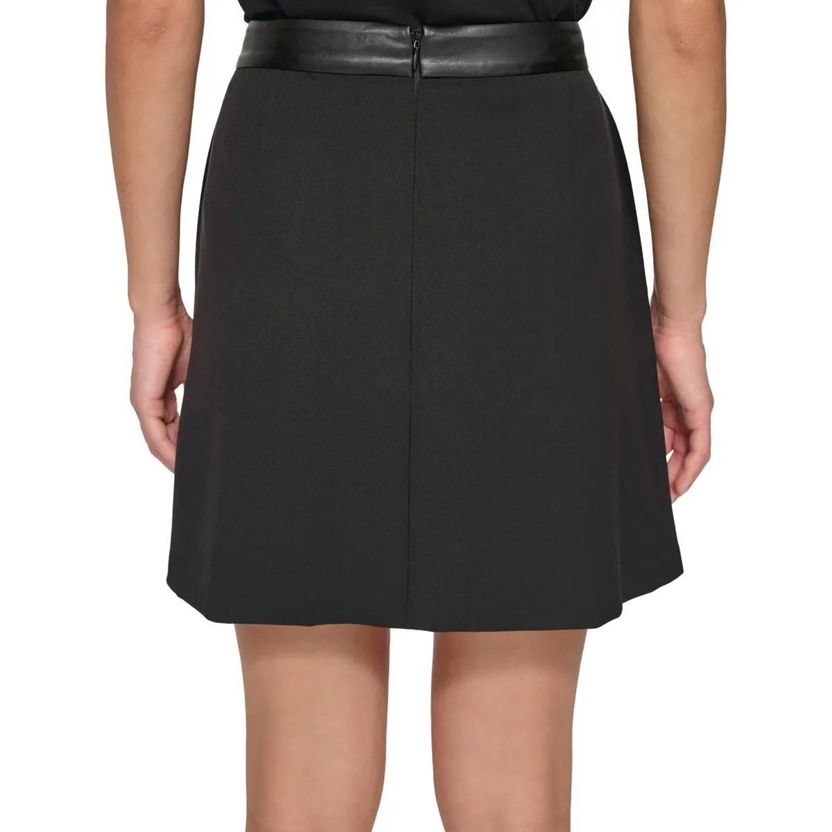 Womens Faux Leather Trim Knit Pleated Skirt