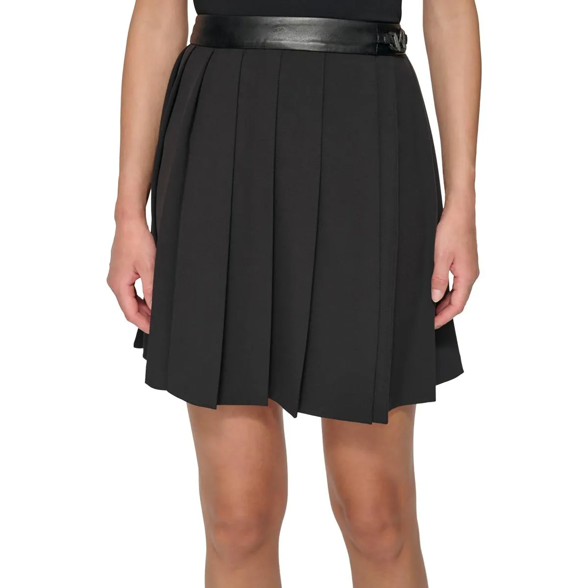 Womens Faux Leather Trim Knit Pleated Skirt